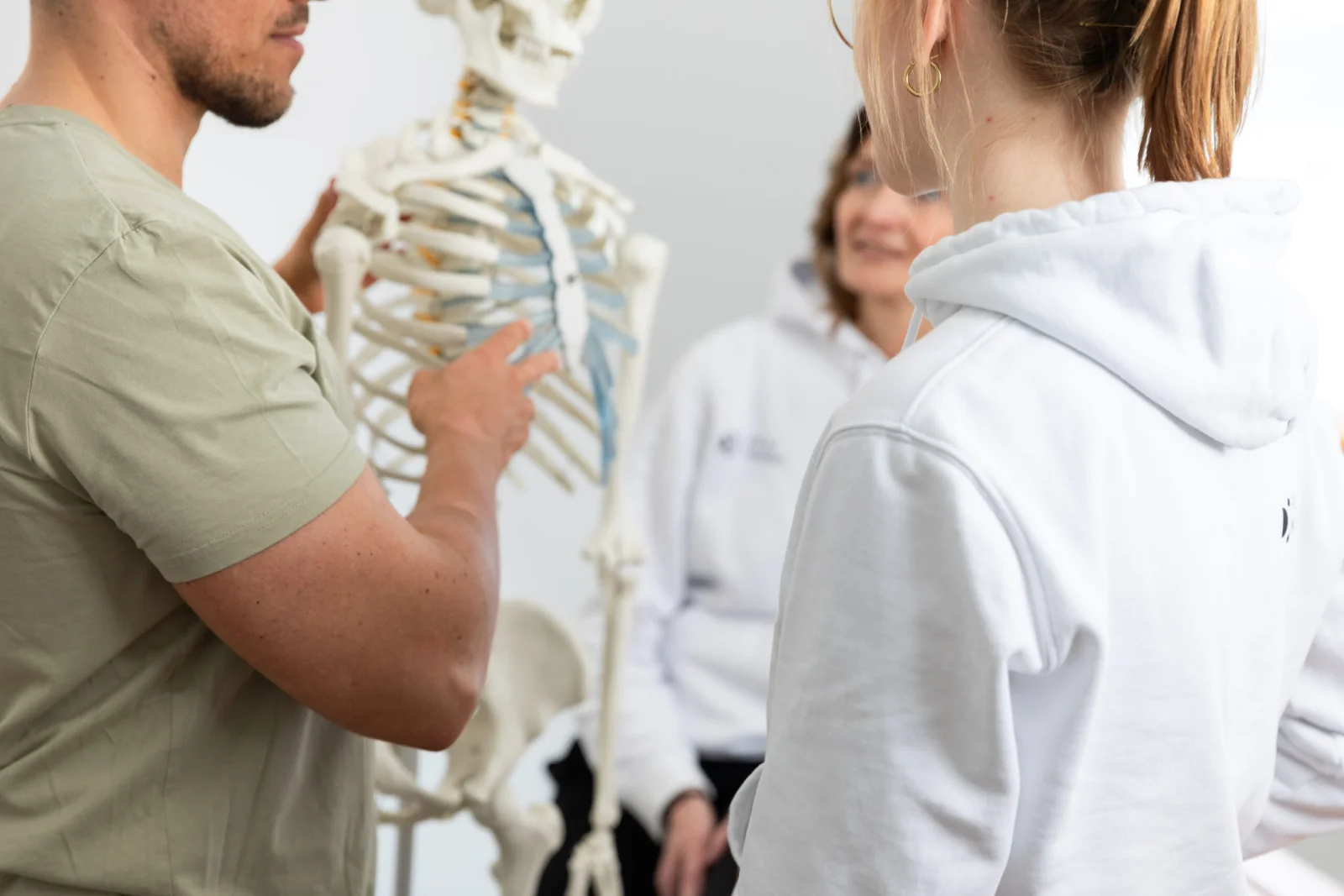 Drei Therapeuten von Fit im Norden besprechen einen Befund am anatomischen Skelett